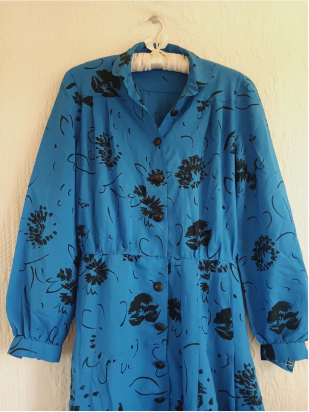 80s Button down Midi shirt Dress electric Blue Black floral vintage secretary M - Picture 5 of 16